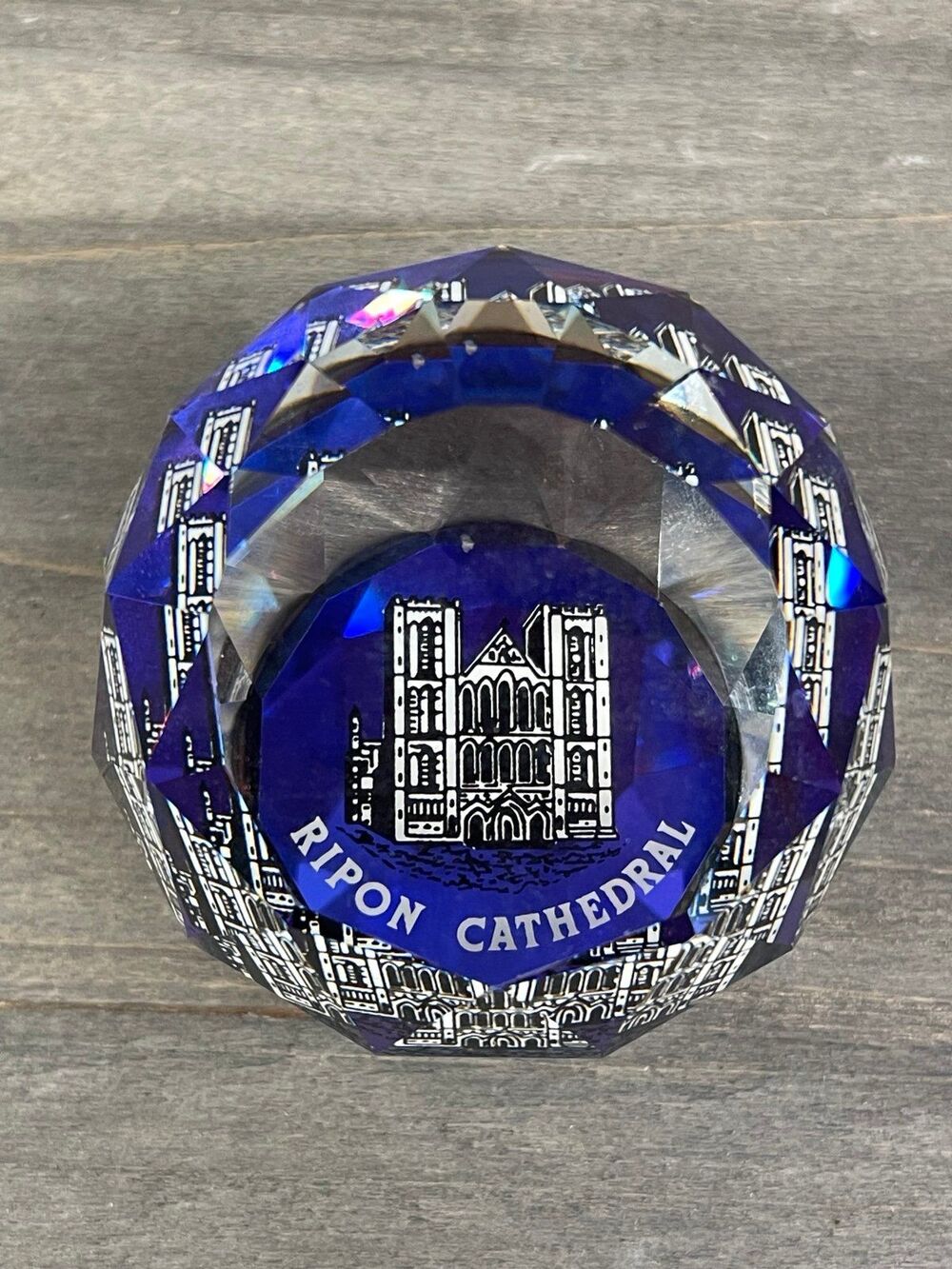 Vintage Ripon Cathedral England Authentic Faceted Crystal Paperweight - Blue